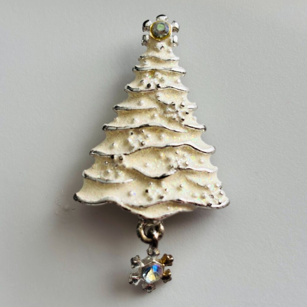 VINTAGE Christopher Radko Silver Tone Christmas Tree Brooch Dangle Snowflake - Picture 10 of 10